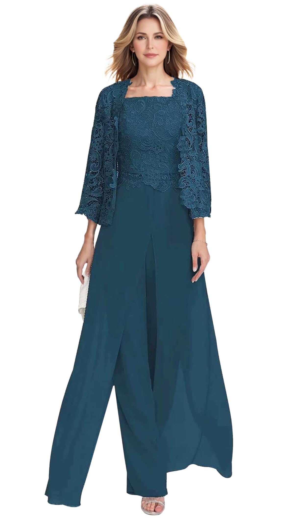 Hosenanzug Damen Festlich Elegant 3-Teiliger Spitzen Chiffon Mutter Der Hochzeitsoutfit Mit Jacke Hochzeit Brautmutter Hosen Set
