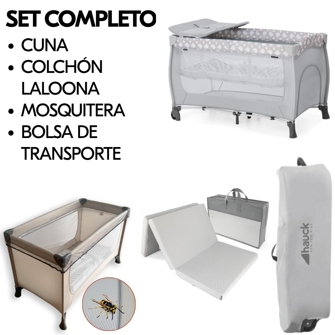 hauck Sleep N Play Center Set Cuna de Viaje Bebe – Teddy Grey | Con colchón, mosquitera, cambiador y elevador recién nacido | Parque infantil plegable y bolsa