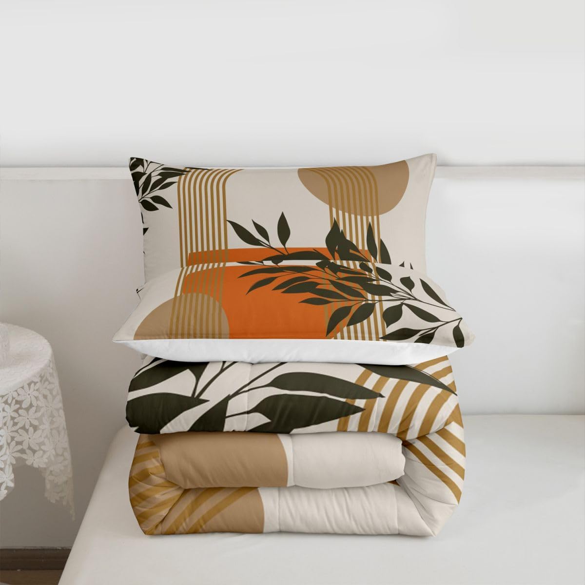 Sun Moon Bedding Set Queen Size Bohemian Leaves Comforter Set For Girls Kids Teens Women Abstract Exotic Geometric Modern Art Line Down Comforter Sunrise Sunset Retro Vintage Room Decor Duvet Set