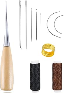 SULIVES 11 Pieces Needle and Thread Kit 12m Waxed Thread Awl and Thimble Hand Sewing Needles Curved Needles for Leather Repair DIY Crafts