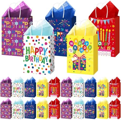Hushee 30 Pcs Birthday Gift Bags with Handles and Tissue Papers H...