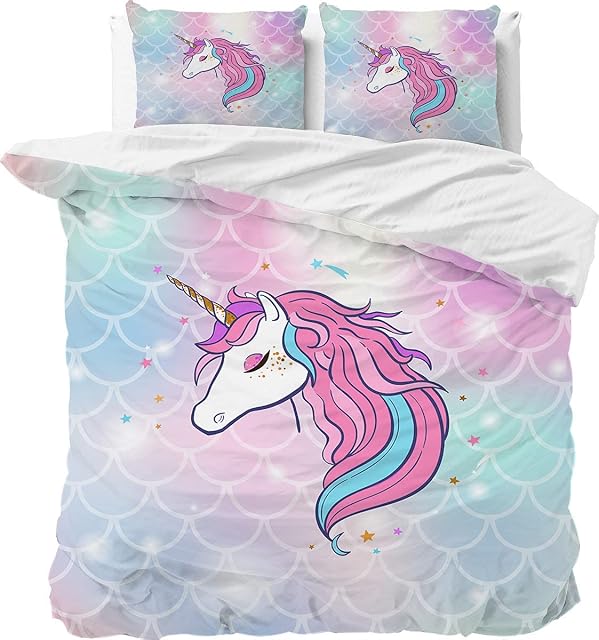 MUSOLEI Unicorn Bedding Set Double Pink Kids Duvet Cover with Pillowcase Blue Mermaid Zipper Quilt Bed Cover Soft Multi-Colour Gift(Double)