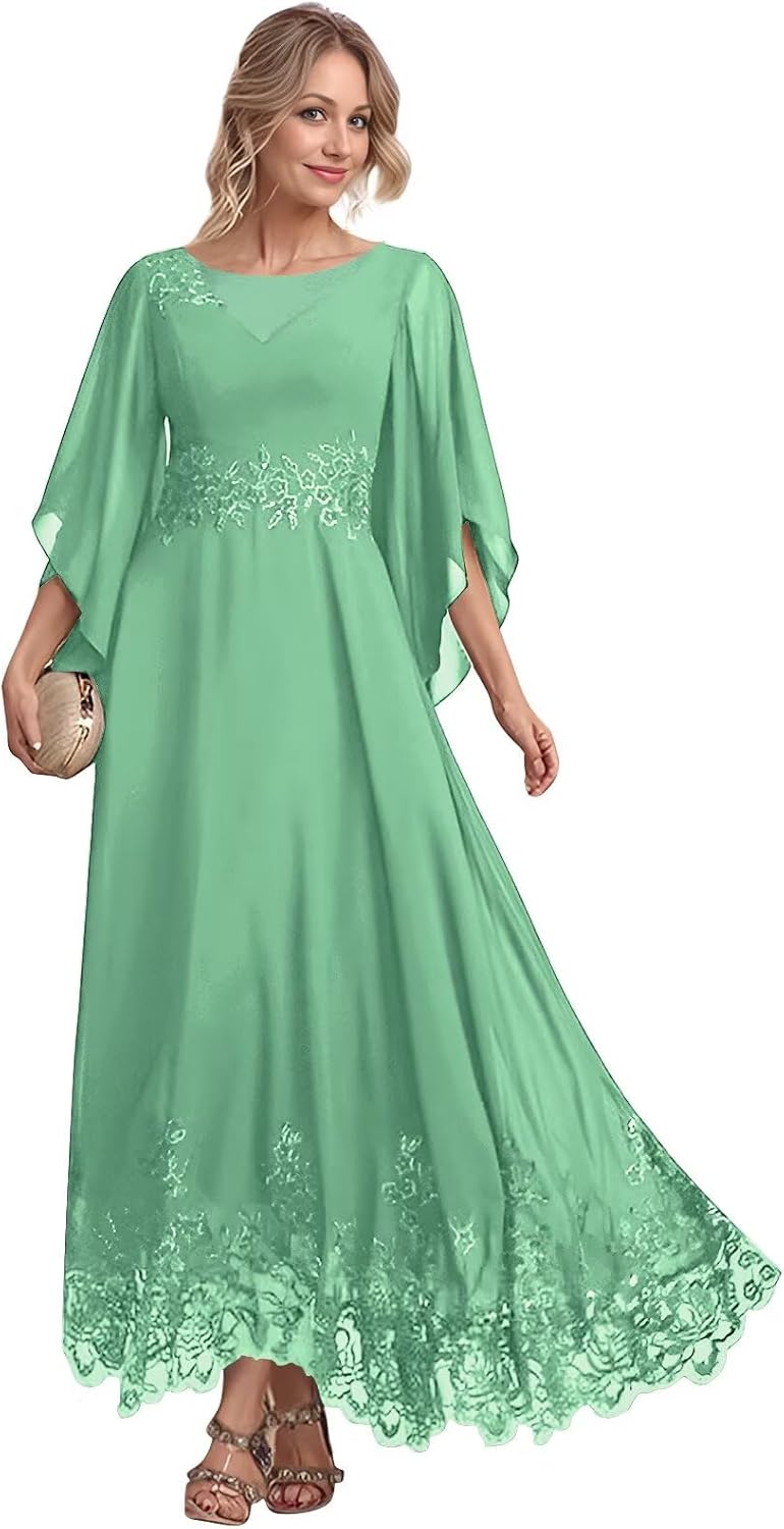Lace Appliques Mother of The Bride Dress for Women Chiffon 3/4 Sleeve A Line Formal Evening Gown