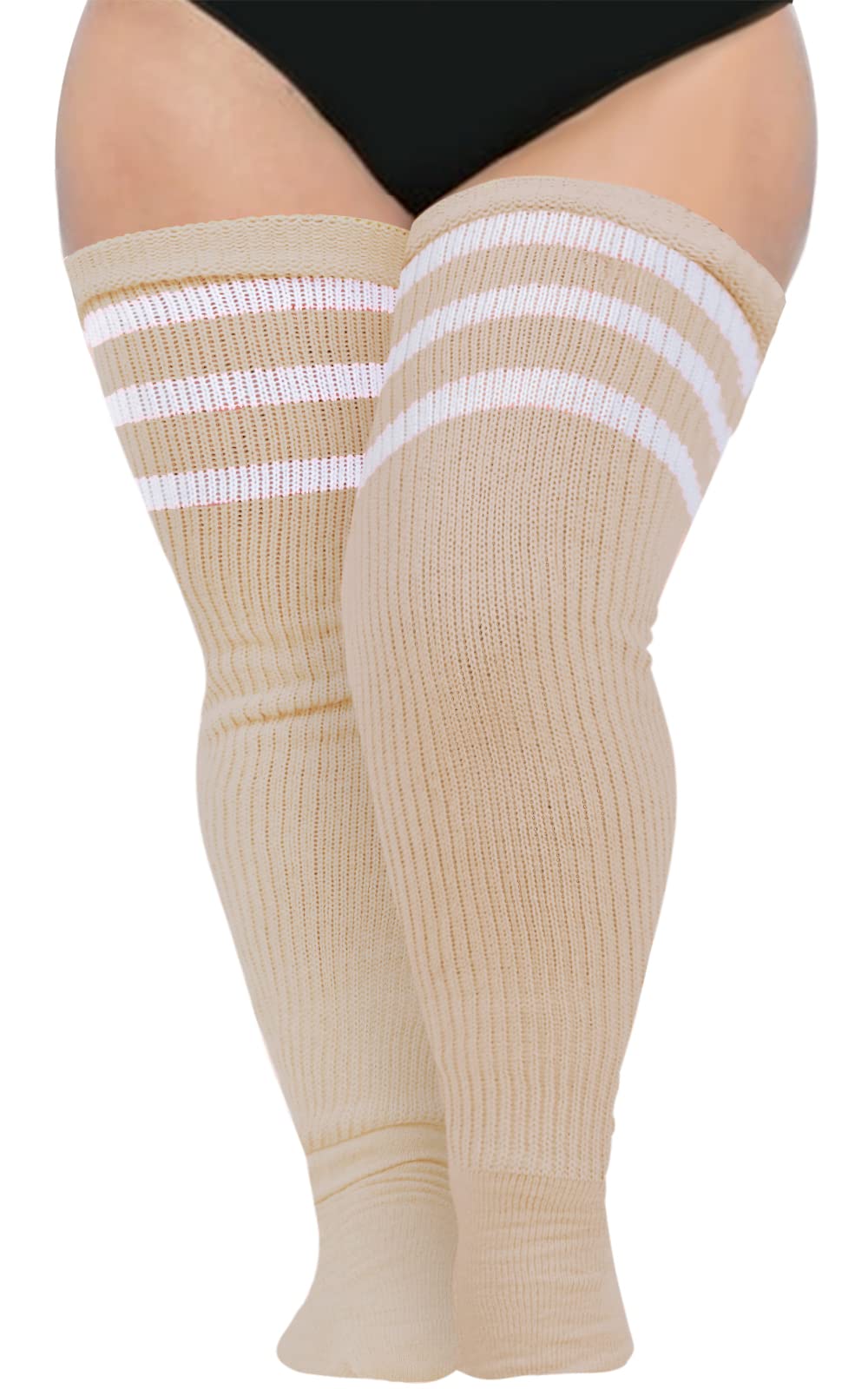 Abodhu Plus Size Thigh High Socks for Thick Thighs Women- Extra Long Widened Extra Long Thick Knit: Beige & White Striped