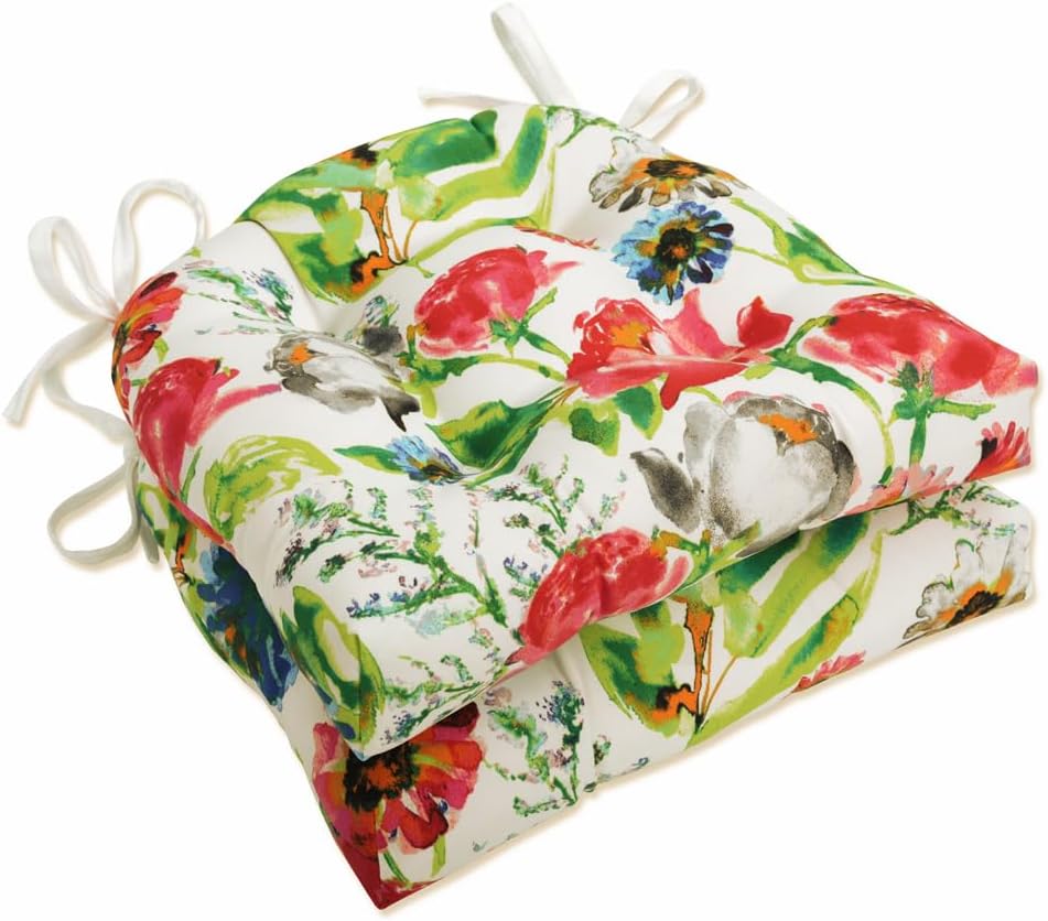 Pillow Perfect Bright Floral Indoor/Outdoor Chairpad with Ties, Reversible, Tufted, Weather, and Fade Resistant, 15.5" x 16", Pink/Blue Flower Mania, 2 Count 15.5" x 16" Pink/Blue Flower Mania