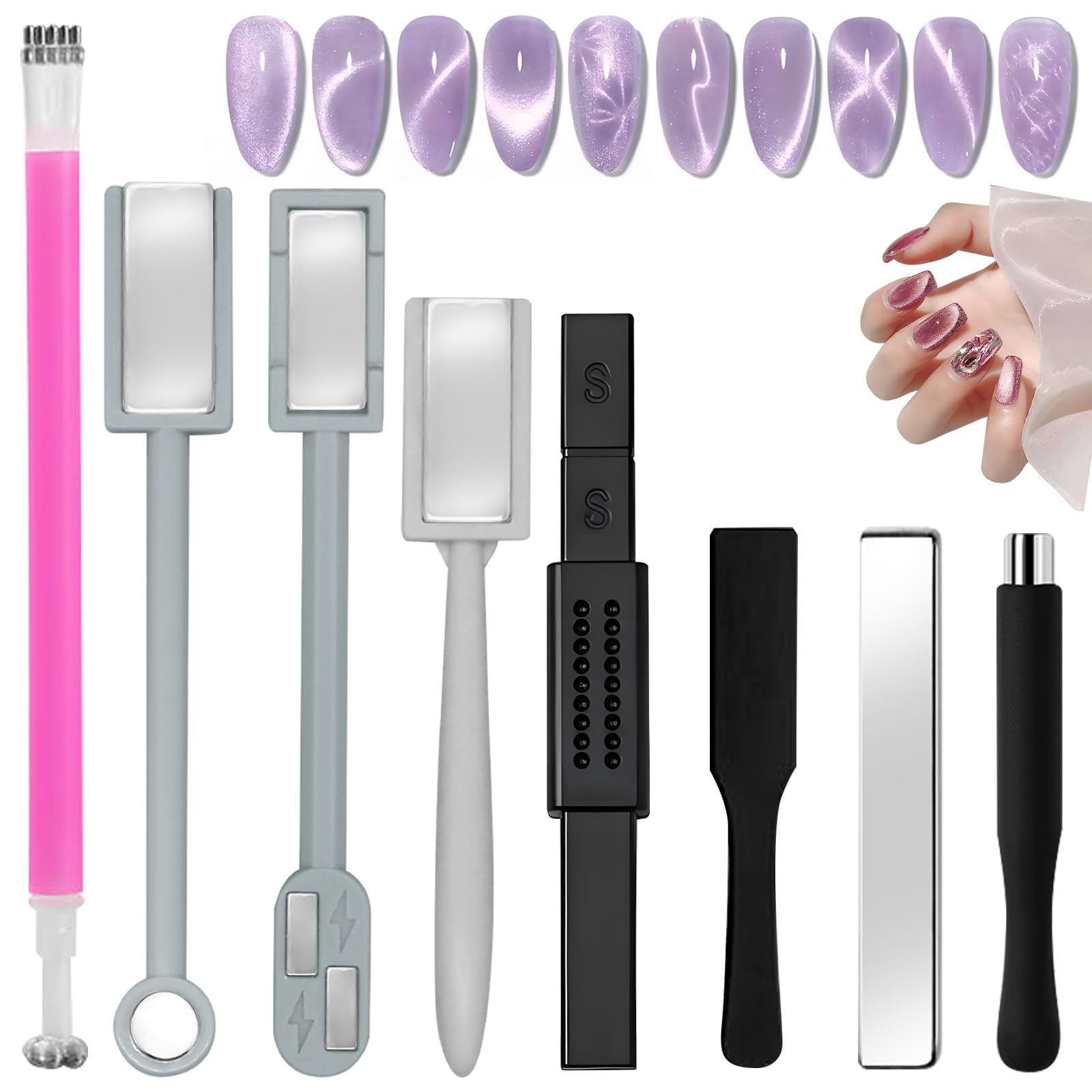8Pcs Cat Eye Nail Magnet Set Cat Eye Magnet for Nails, Cateye Nail Magnet Tool Kit, Strong Magnetic Properties Magnets for Nails, Nail Magnets for Nail Art for Creating Various Cat-Eye Effects