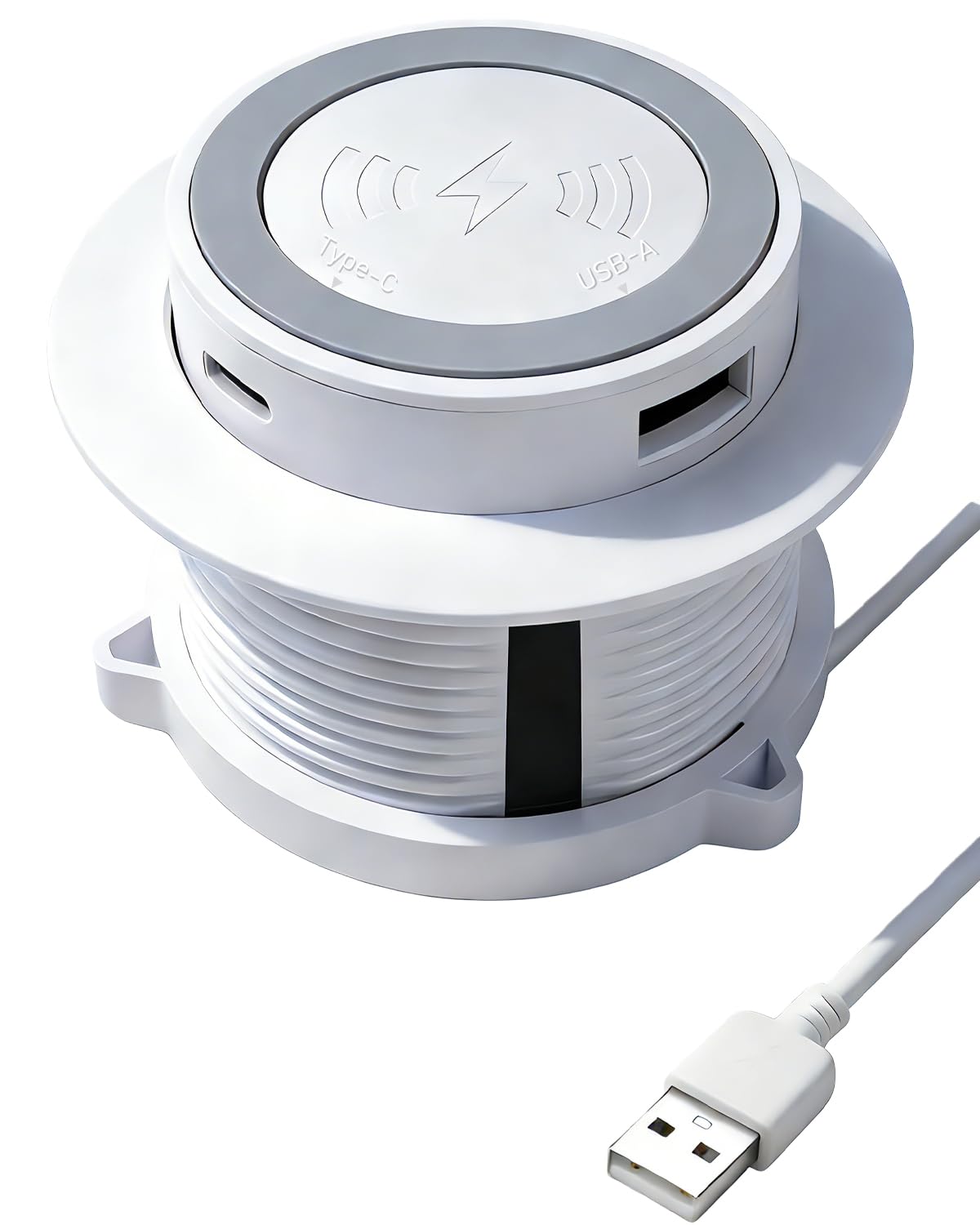 JACEPFY Desktop Wireless Charger, Pop Up 15W Fast Retractable Desktop Charger, Invisible Charging Station with USB A and Type C Ports, Recessed Desktop Charging for Desk, Furniture - White