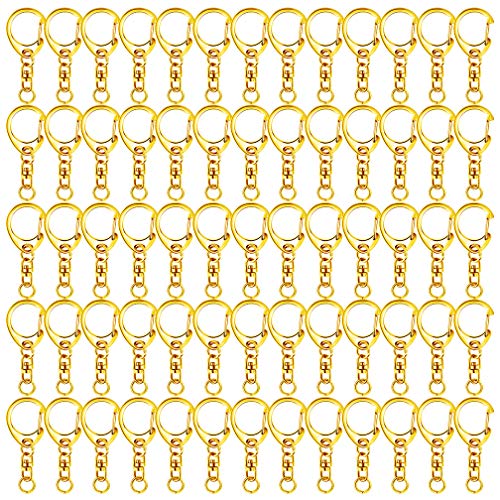 Roctee 120 Pcs Key Chain Clip D Snap Hook Split Metal Keychain with Chain, Keychain Parts Hardware with Open Jump Ring and Connector, DIY Crafts Key Ring (Gold)