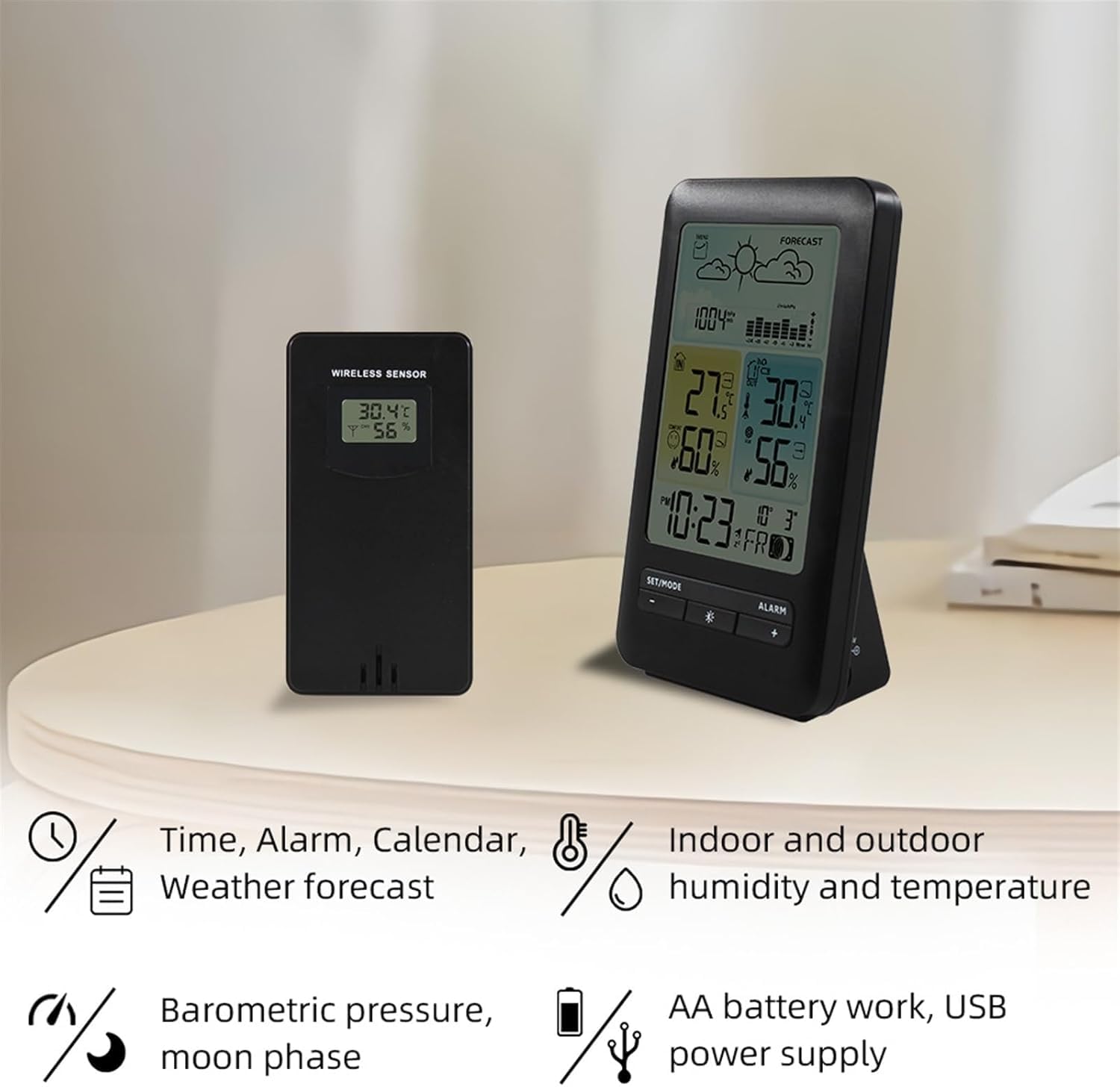 Estación meteorológica inalámbrica para interiores y exteriores, termómetro e higrómetro, monitor digital de temperatura y humedad con pantalla grande, pronóstico del tiempo, reloj y fecha.