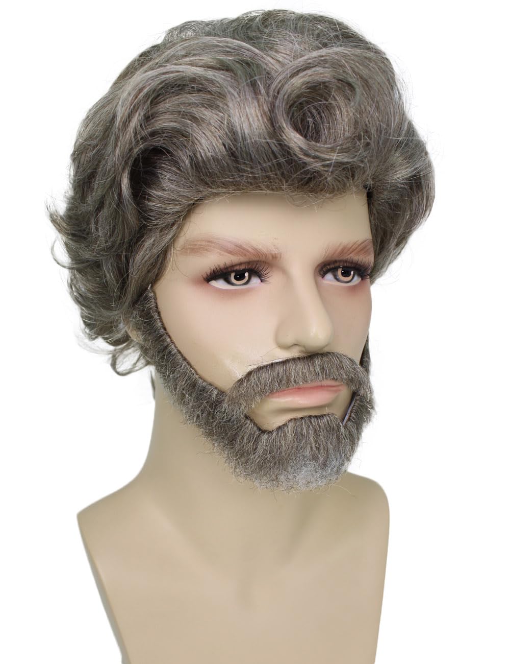 HPO Adult Men's 10" Inch Short Length Halloween Cosplay Wise Old Man Grandpa Sinner Costume Wig, Synthetic Fiber Hair with Beard and Mustache,