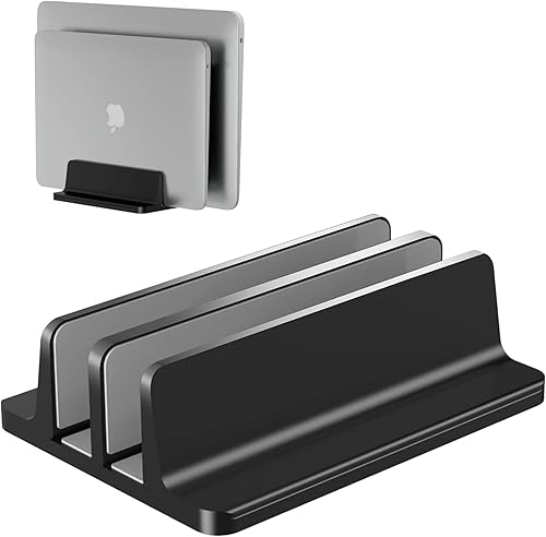 Versión de base mejorada Soporte vertical para laptop, agujero de escritorio de aluminio ajustable de 2 ranuras (hasta 17.3 pulgadas), se adapta a