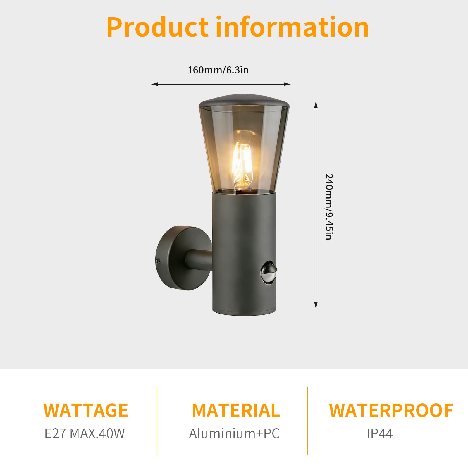 2 Stück Bewegungsmelder Außenwandleuchten rauchgrau, Wasserdicht Wandlampe mit E27 Sockel ohne Leuchtmittel, Außenbeleuchtung für Eingang, Garage, Hof, Terrasse und Garten | Bewegungssensor