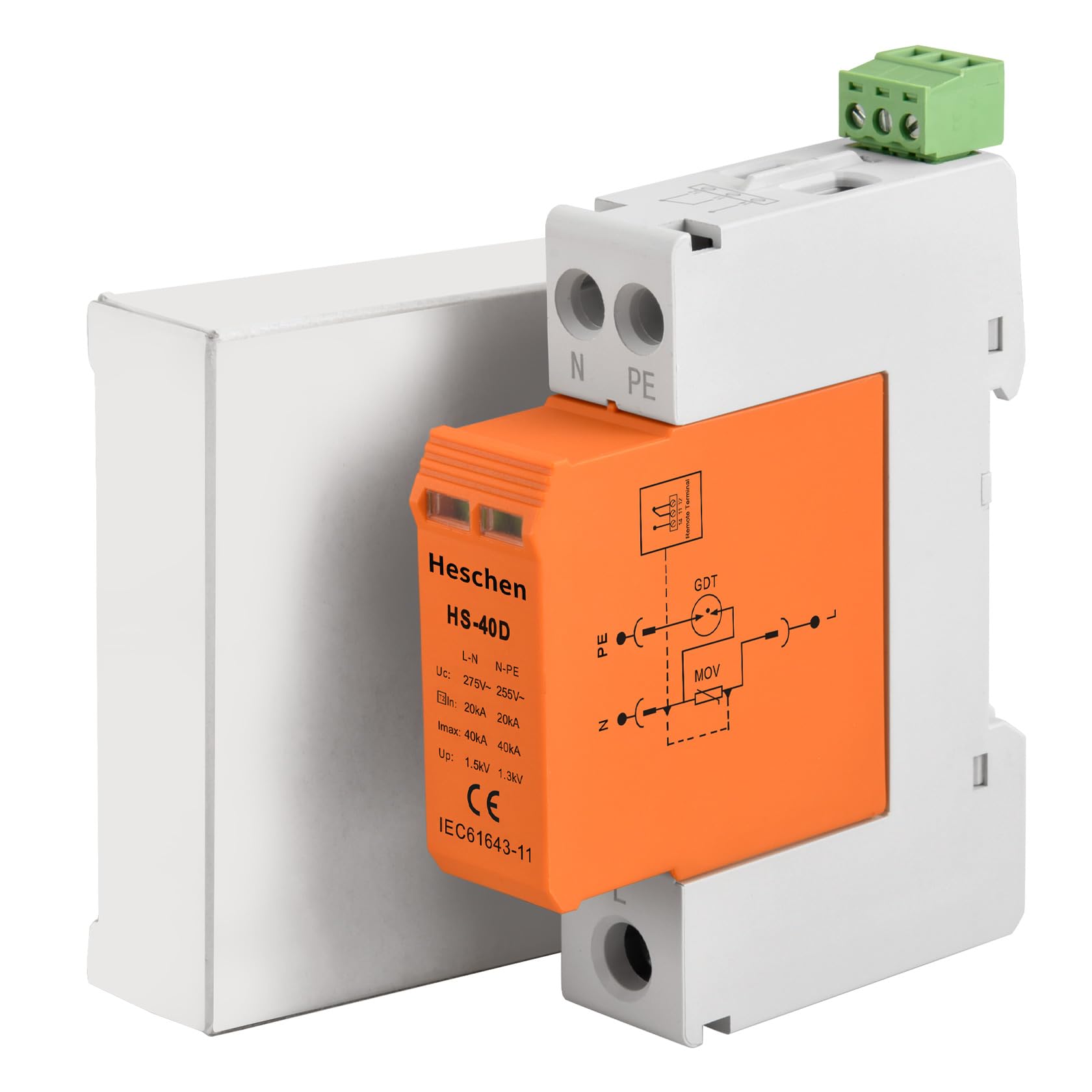 Heschen HS-40D SPD Dispositivo di Protezione Sovratensione 275VAC 20KA 1+NPE L-Line Down Ignifugo Guida DIN 35mm