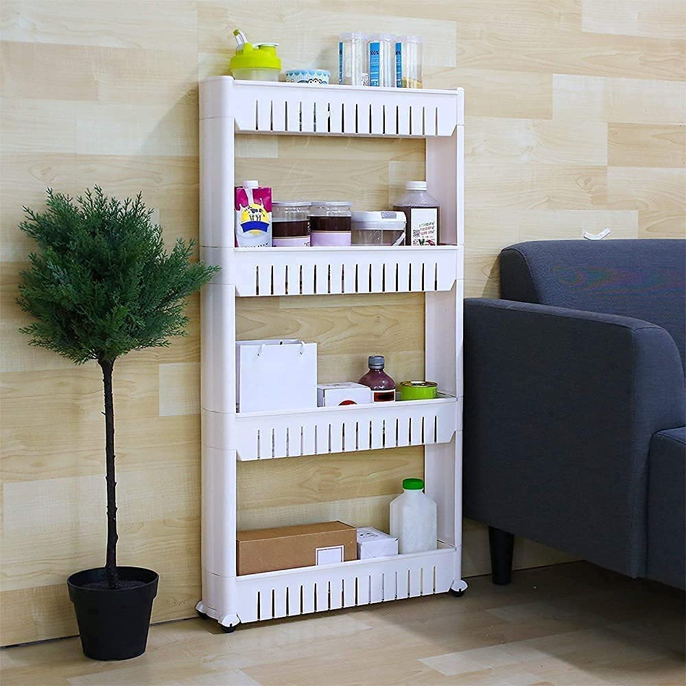 4 Layer Multi Storage Organizer Slim Rack Shelf with Wheels for Easy Movement | Unbreakable Plastic, white