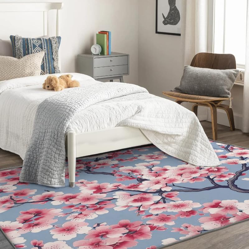 Miniatura 2 de Alfombras lavables para sala de estar, dormitorio, alfombra en flor de cerezo y decoración del hogar, alfombra de área rosa Sakura de 5 x 7 pies,