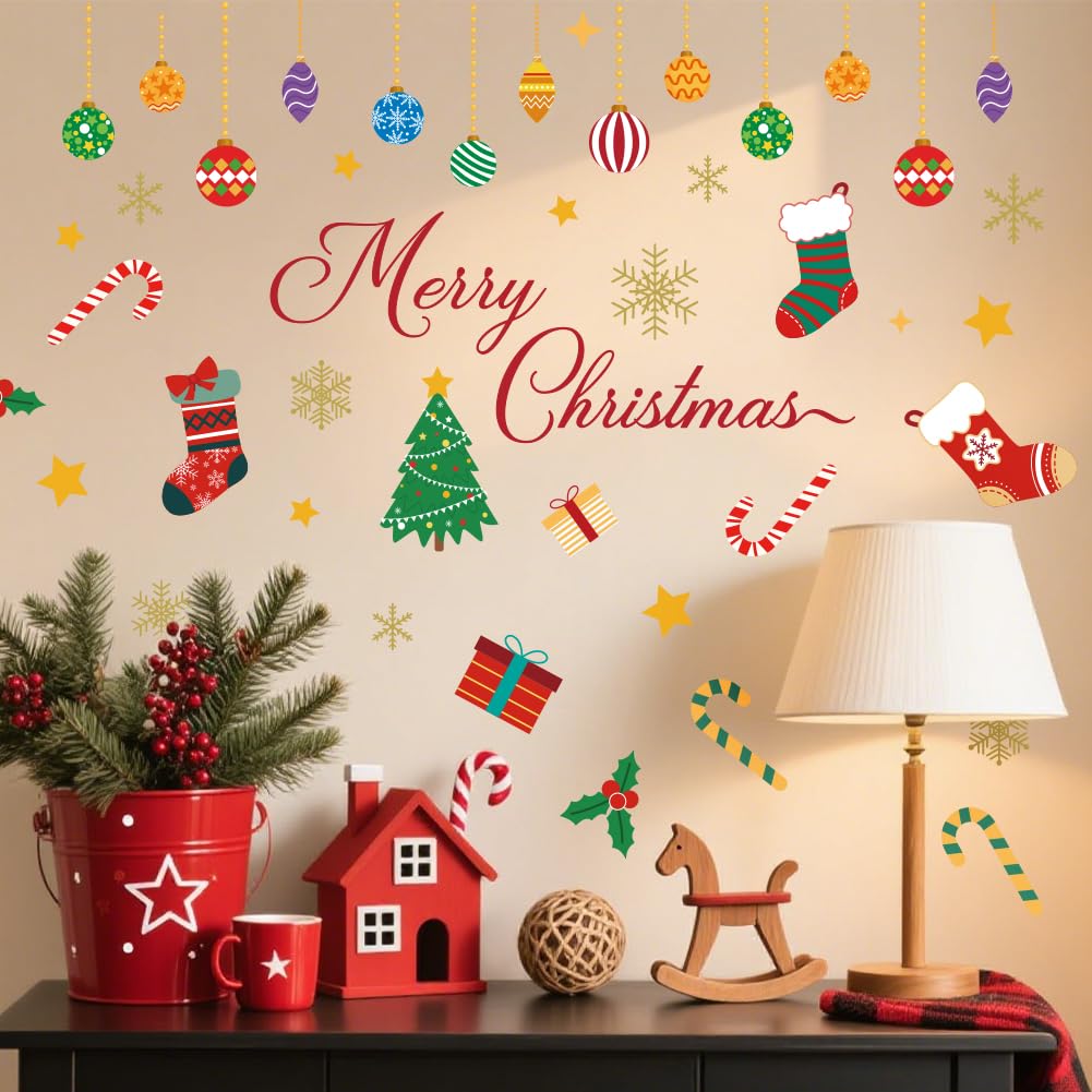 PLIGREAT 2 Sheets Christmas Theme Wall Stickers Bells Snowflake Merry Christmas Quote Wall Art Decals Removable Winter Xmas Stickers for Christmas Party Nursery Living Room Home Decor - Image 2