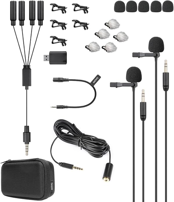 Movo VersaLav-V2 Set de micrófonos de solapa para smartphones, computadora, cámara DSLR o sin espejo con dos micrófonos de solapa, divisor, cable de extensión, micrófonos de clip para video, podcast, vlog, entrevista auxiliar