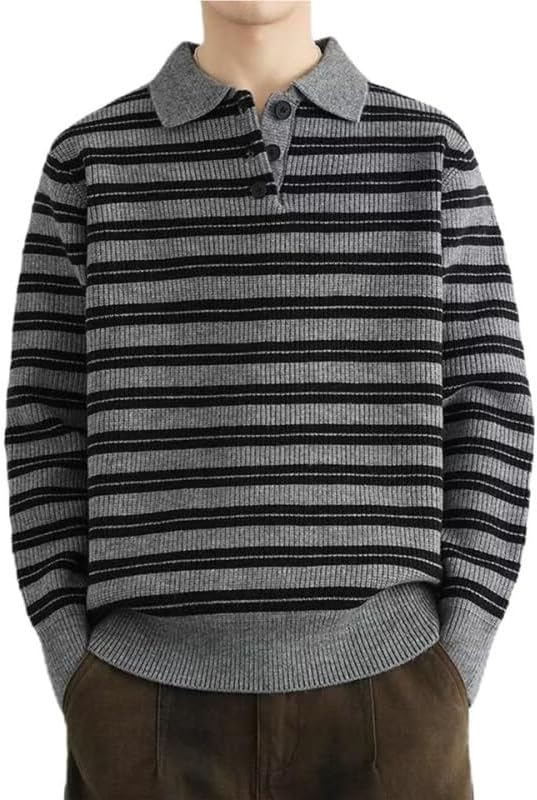 Mens Polo Collar Knit Sweater Autumn Winter Simple Striped Breathable Stretch Knitted Sweaters