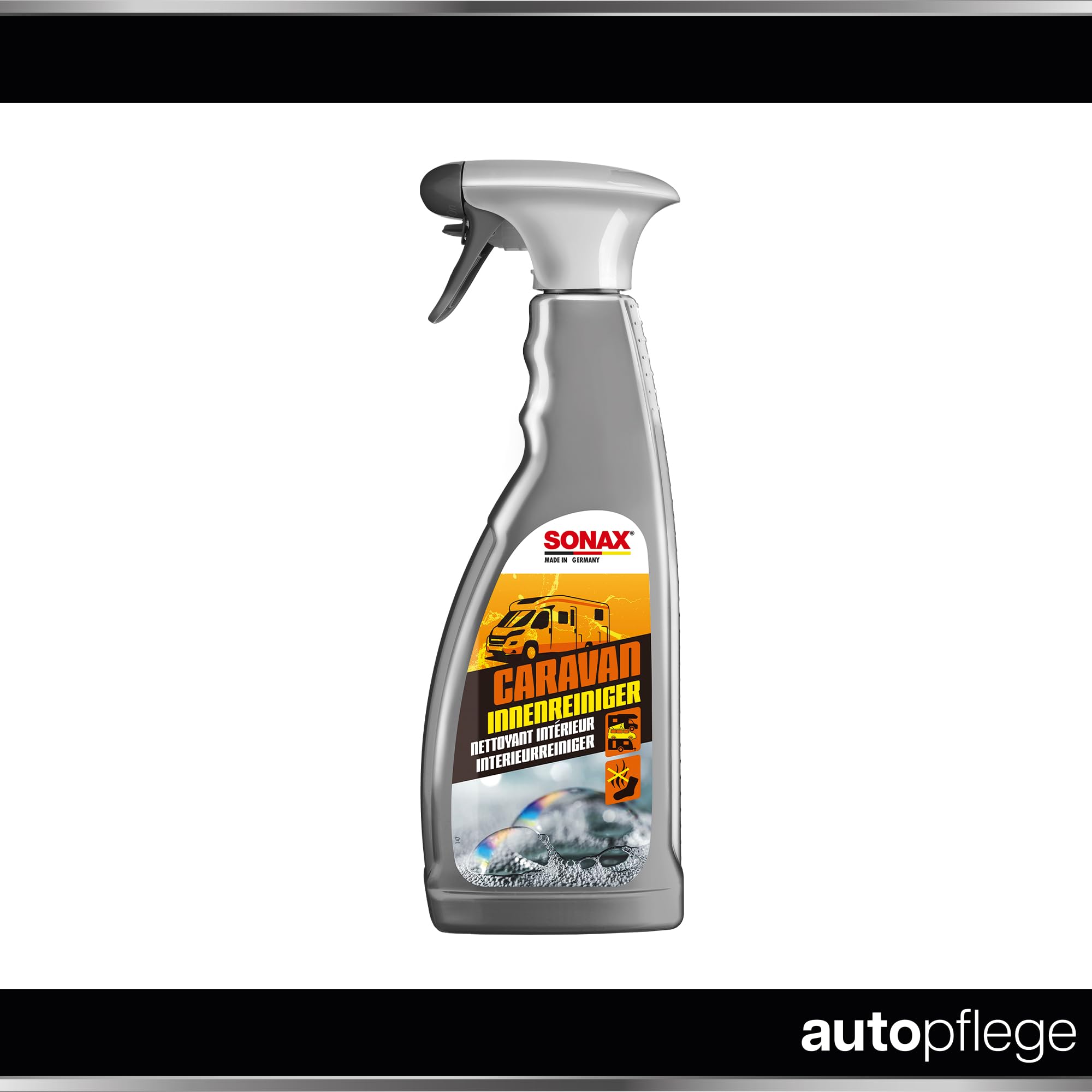 Sonax Caravan - Juego de limpieza de interiores para autocaravanas, 750 ml, con eliminador de olores y paño de microfibra, para plásticos, cuero, madera, aluminio y superficies pintadas o laminadas en