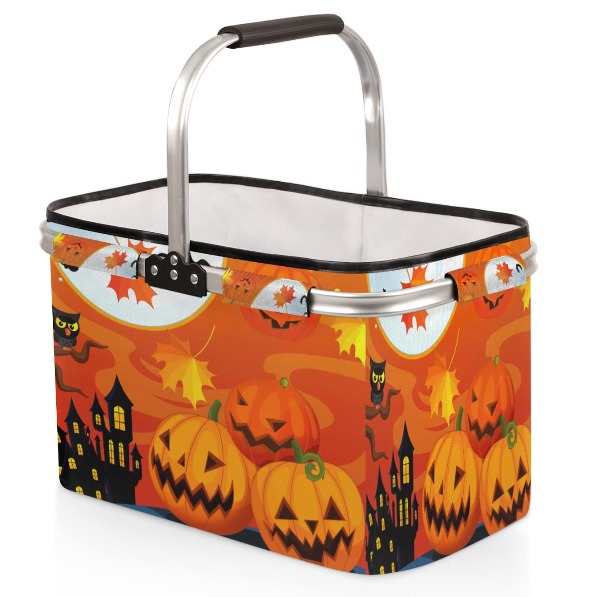 Halloween Pumpkin Owl Castle Autumn Leave Folding Picnic Basket Large Collapsible Market Basket Aluminum Frame Cute Shopping Baskets Reusable Travel Camping Grocery Bags