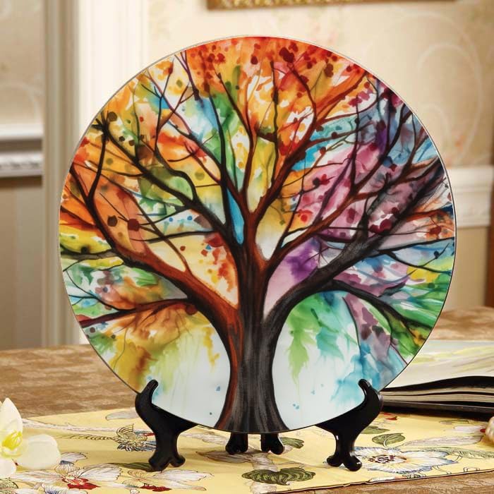 DNOVING Tie-dye Rainbow Tree Ceramic Decorative Plate Home Display with Stand, Versatile for Home & Office DP-117655489