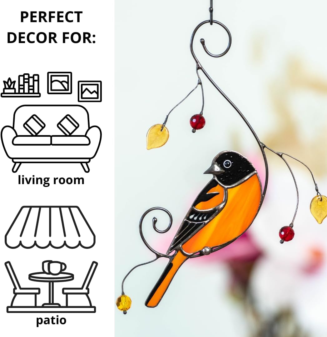 Handmade Baltimore Oriole Bird Stained Glass Suncatcher Genuine Stained Glass Window Hangings Unique Indoor Ornament & Outdoor Decor (Baltimore Oriole)