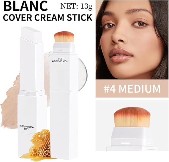 2 in 1 Colour Changing Foundation Stick,Cover Cream Stick V White FoundationStick,Lightweight Hydrating Matte Stick Foundation with Detachable Brush,FaceFoundation & ConcealerStick #4medium