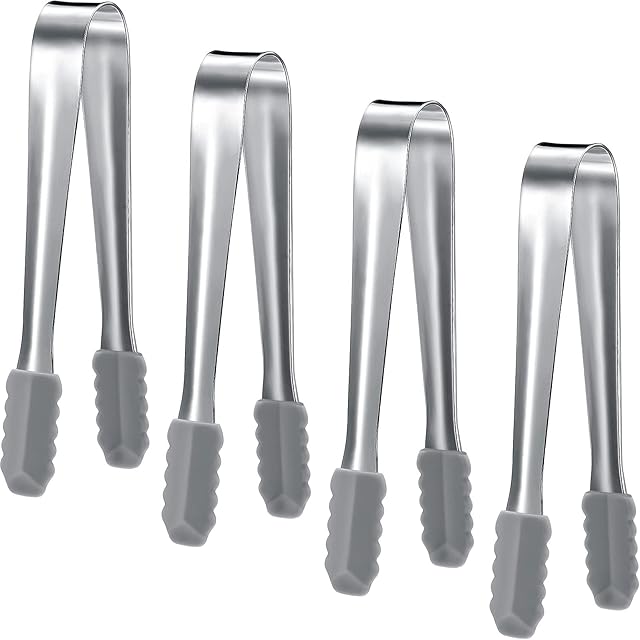 4 Pieces Mini Tongs with Silicone Tips Stainless Steel Mini Serving Tongs for Food Sugar Ice Salad Buffet