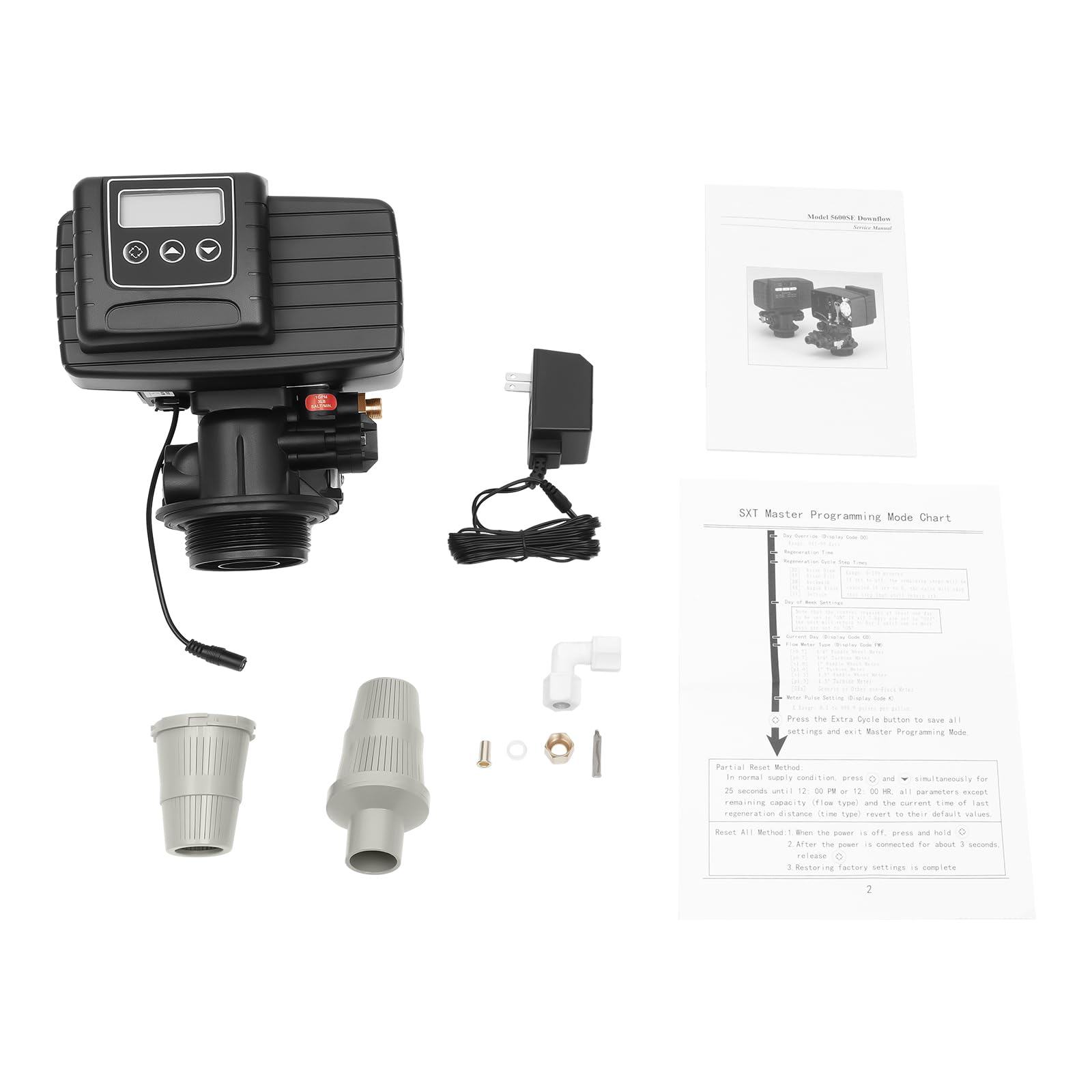 Digital Control Valve, 5600SXT 3W 220Lbs 0.6Mpa Whole House Water Softener Meter Valve Automatic Digital Filter Control Backwash Head for Purification Water Softeners, Black