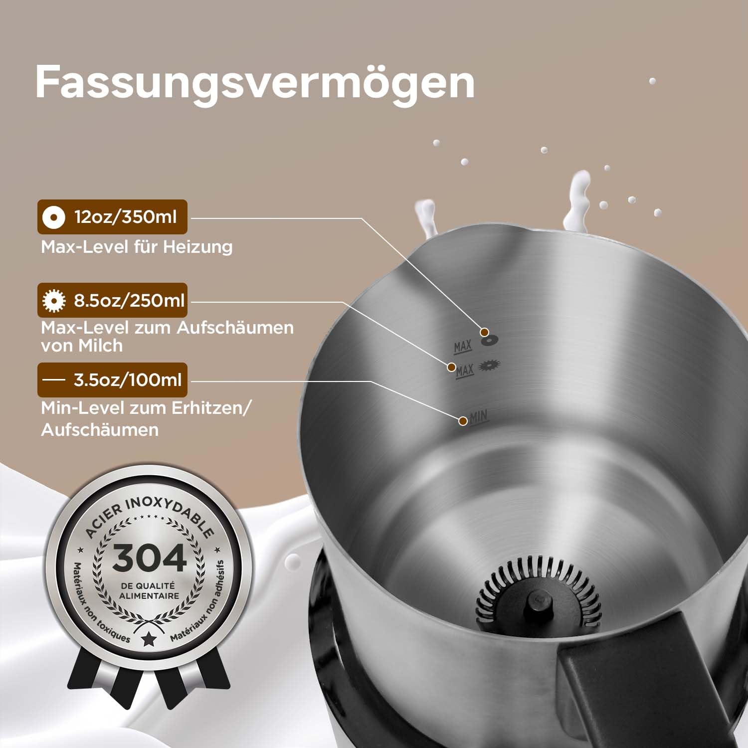 Milchaufschäumer Elektrisch 4-in-1 für Heißer und Kalter, Warme Milch, 500ml Milchschäumer Nduktion Hohe Kapazität, Spülmaschinenfest, Seidiger Milchschaum für Cappuccino, Latte,Edelstahl