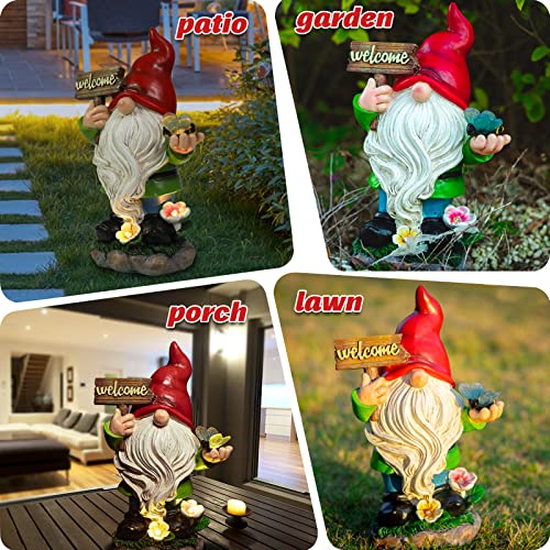 Ovewios Garden Gnomes Statue With Solar Lights, Large Garden Gnome Outdoor Funny Figurines Holding Welcome Sign And Bee Garden Decor For Outside Patio Yard Lawn Sculpture Ornament Gifts #TOP4