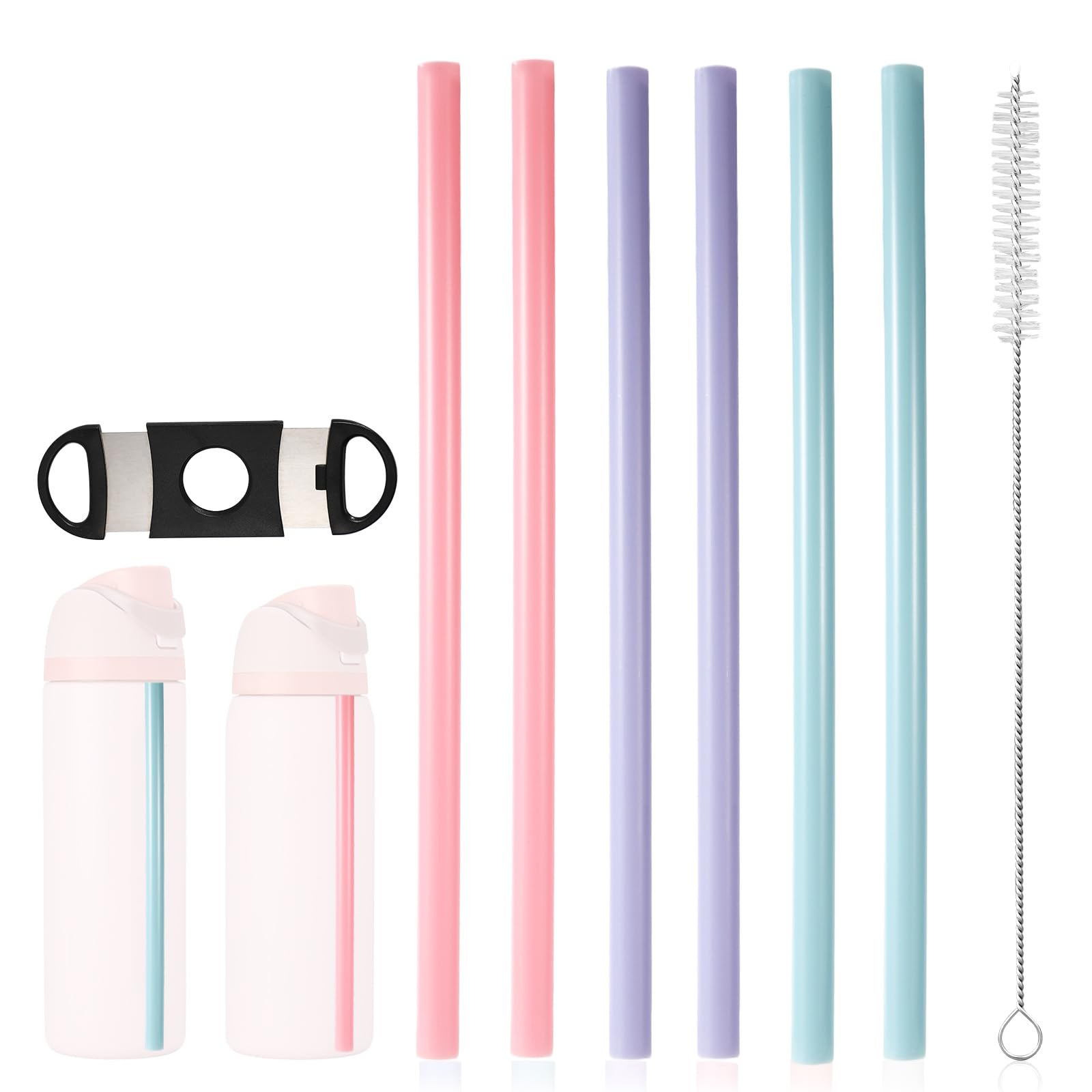 6pcs Replacement Straws for Owala FreeSip 24oz 32oz, 3 Colors Reusable Plastic Straws with Cleaning Brush & Cutting Tool Water Bottle Tumbler Accessories Parts