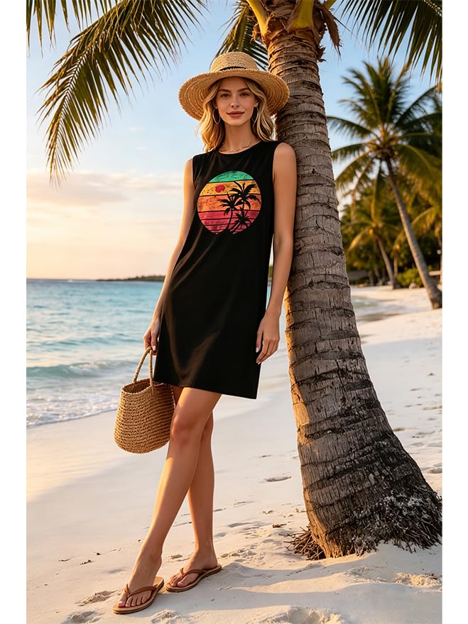 Image of Sun Salt Sand Coconut Tree Tank Mini Dress for Women Sleeveless Beach Praty Shirts Summer Vacation Short Mini Dresses
