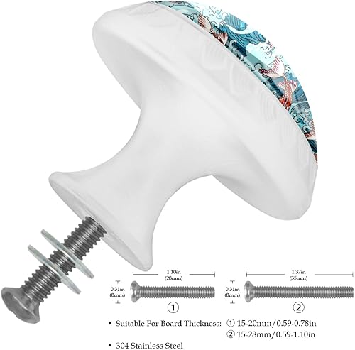 Miniatura 3 de Perillas redondas decorativas para gabinetes de cocina, cajones de armario, cómoda, 4 unidades, dibujados a mano, carpa, peces y olas de mar, color