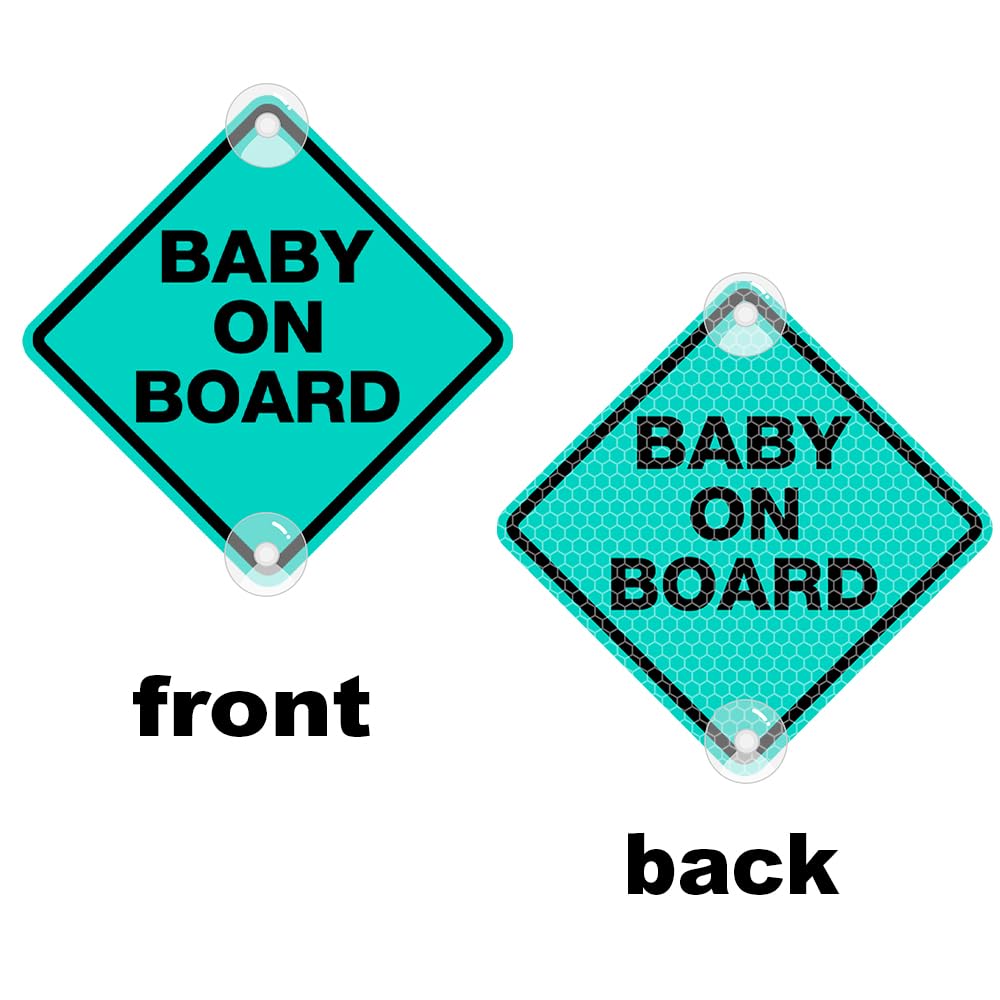 Luminous Baby On Board Sticker for Cars,Nouiroy Reflective Baby in Car Decals with Suction Cups,4.72 * 4.72in,Double-Side Printing PVC Car Sign Stickers for Car, Trucks, SUV (Double-side Mint Green)