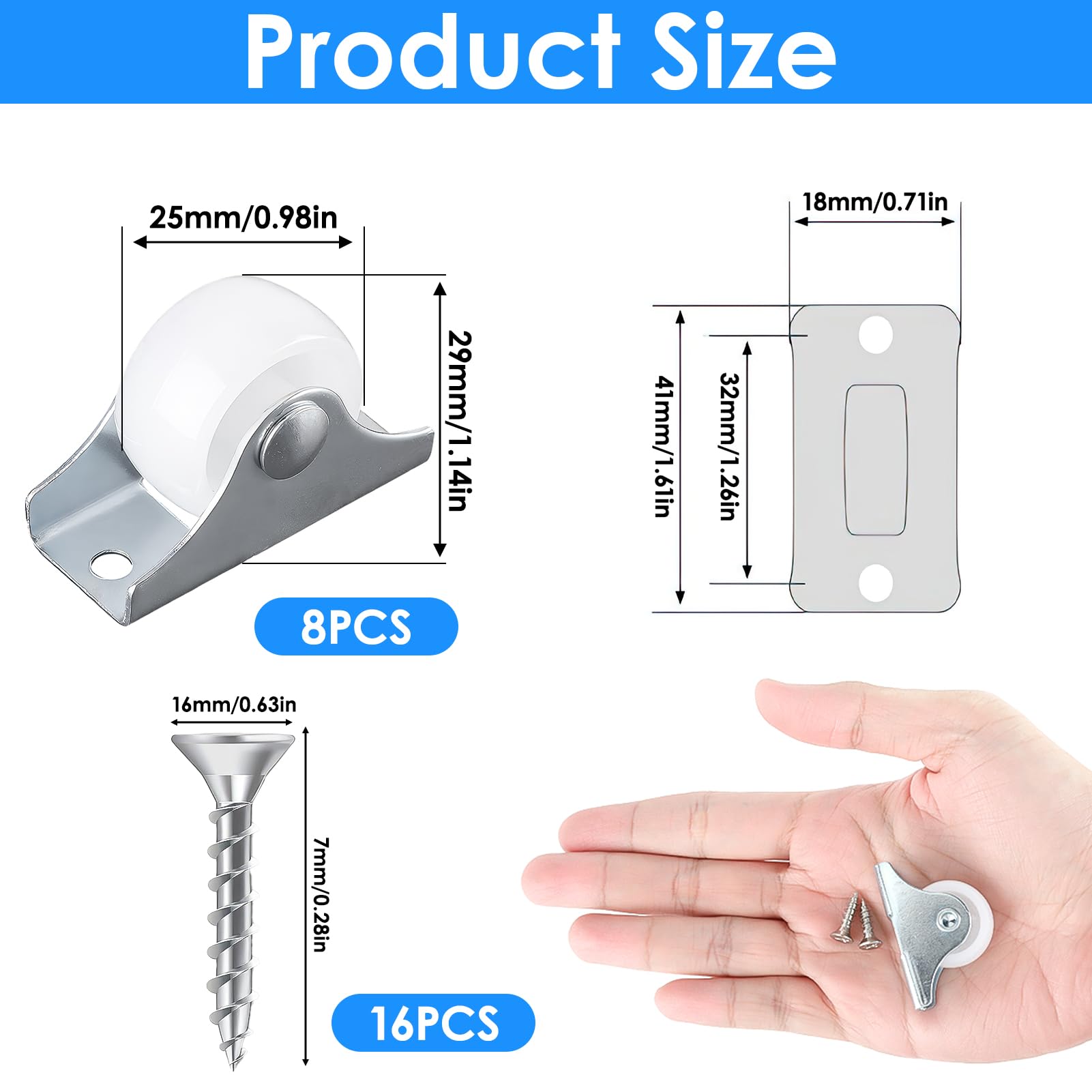 8 stuks rubberen wielen voor meubels, 25 mm - Robuuste meubelwielen voor transport, niet zwenkbaar, draagkracht 7.5 kg per wiel, inclusief 16 schroeven (1 inch