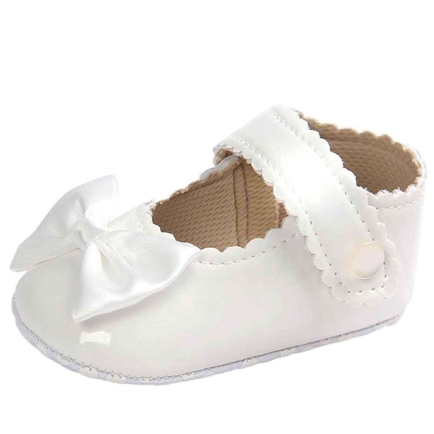 Baby Girl Bowknot Leather Shoes Unisex Newborn Sneaker Junior Anti-Slip Soft Sole Toddler Home Indoor Outdoor (Age 6~12 Month, White)