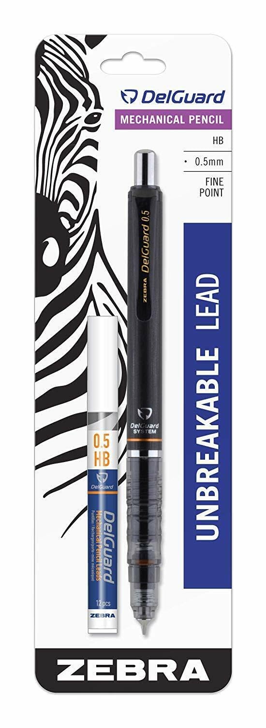 Zebra PenDelGuard Mechanical Pencil with Lead Refill, Fine Point, 0.5mm, Black Barrel, Standard #2 HB Lead, Refillable, 1-Pack