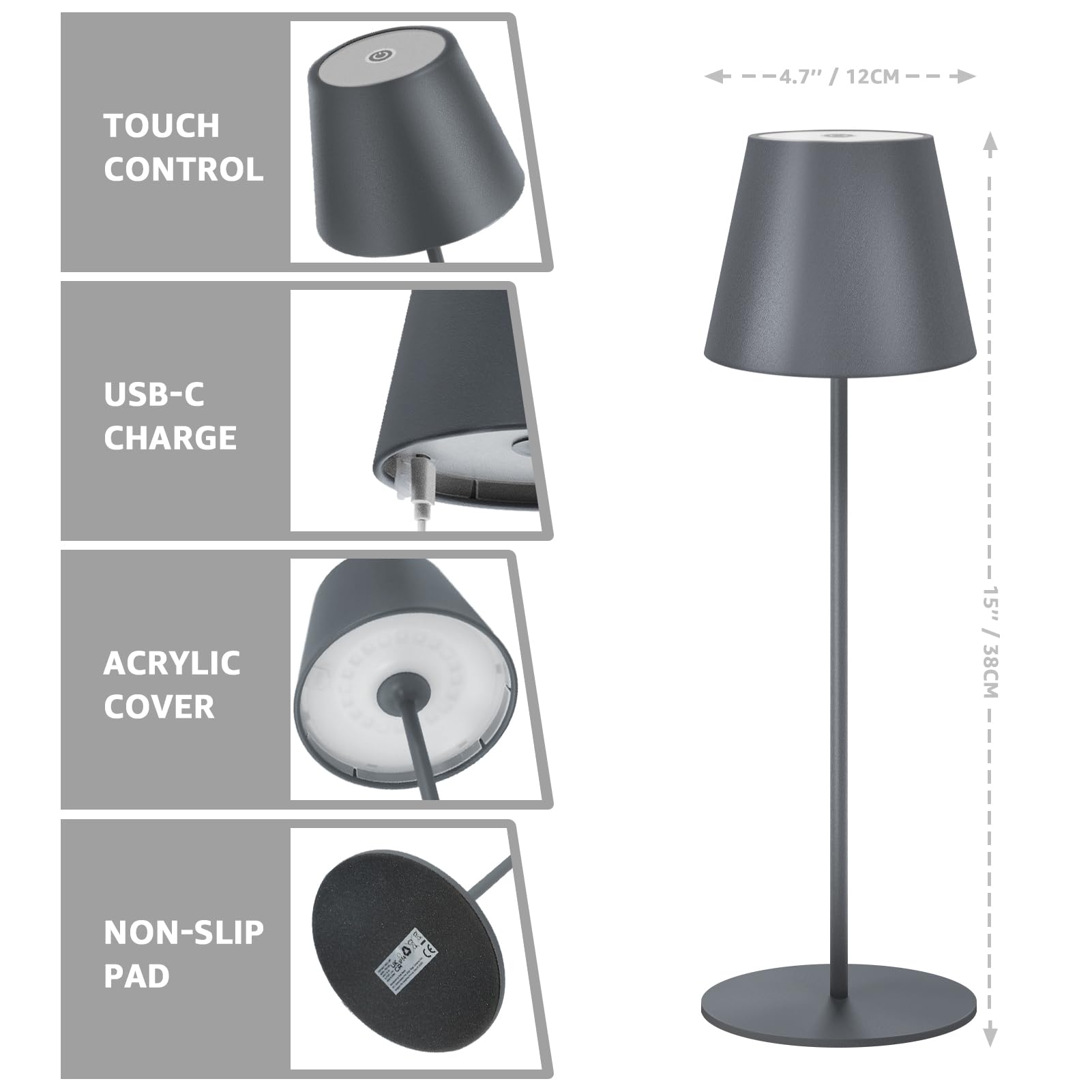 uuffoo 2X Dimmbare Tischlampe Kabellos Aus Metall LED Akku Tischlampe IP54 wasserdicht Tragbare Akkubetrieben Tischlampe für Schlafzimmer, Lesen, Arbeit, Bar, Restaurant.(Grau)
