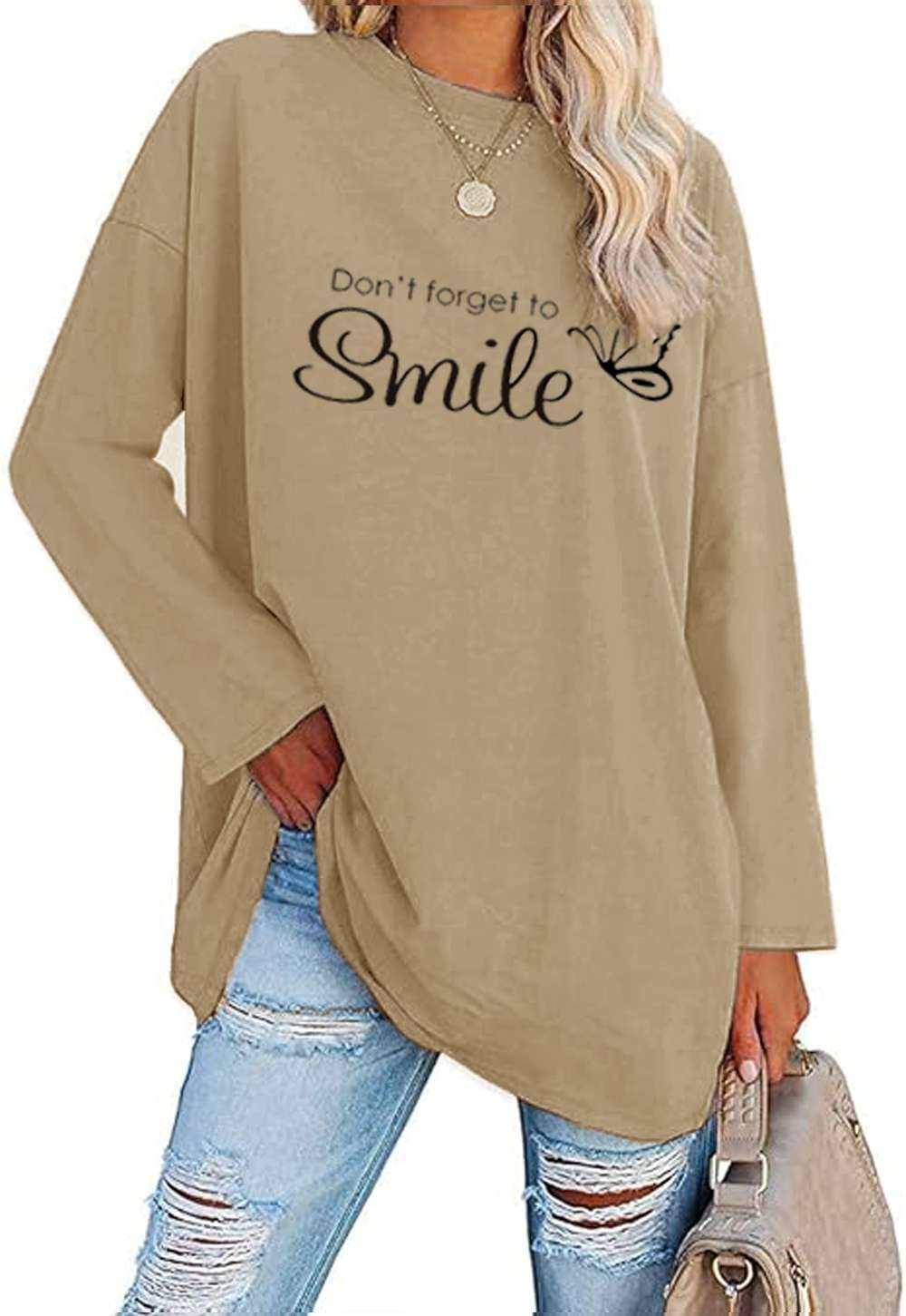Teesho Damen Tshirt Langarm/Kurzarm Oversized Oberteile Baumwolle Shirts Casual Lose Langarmshirt Tops Tunika