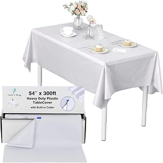 Craft And Party, 54 in x 300 feet Plastic Table Cover Roll for Party, 0.5Mil 3X Thickness Banquet, Picnic, Kids Activities for Any Size and Shape Table (White, 54" x 300ft)