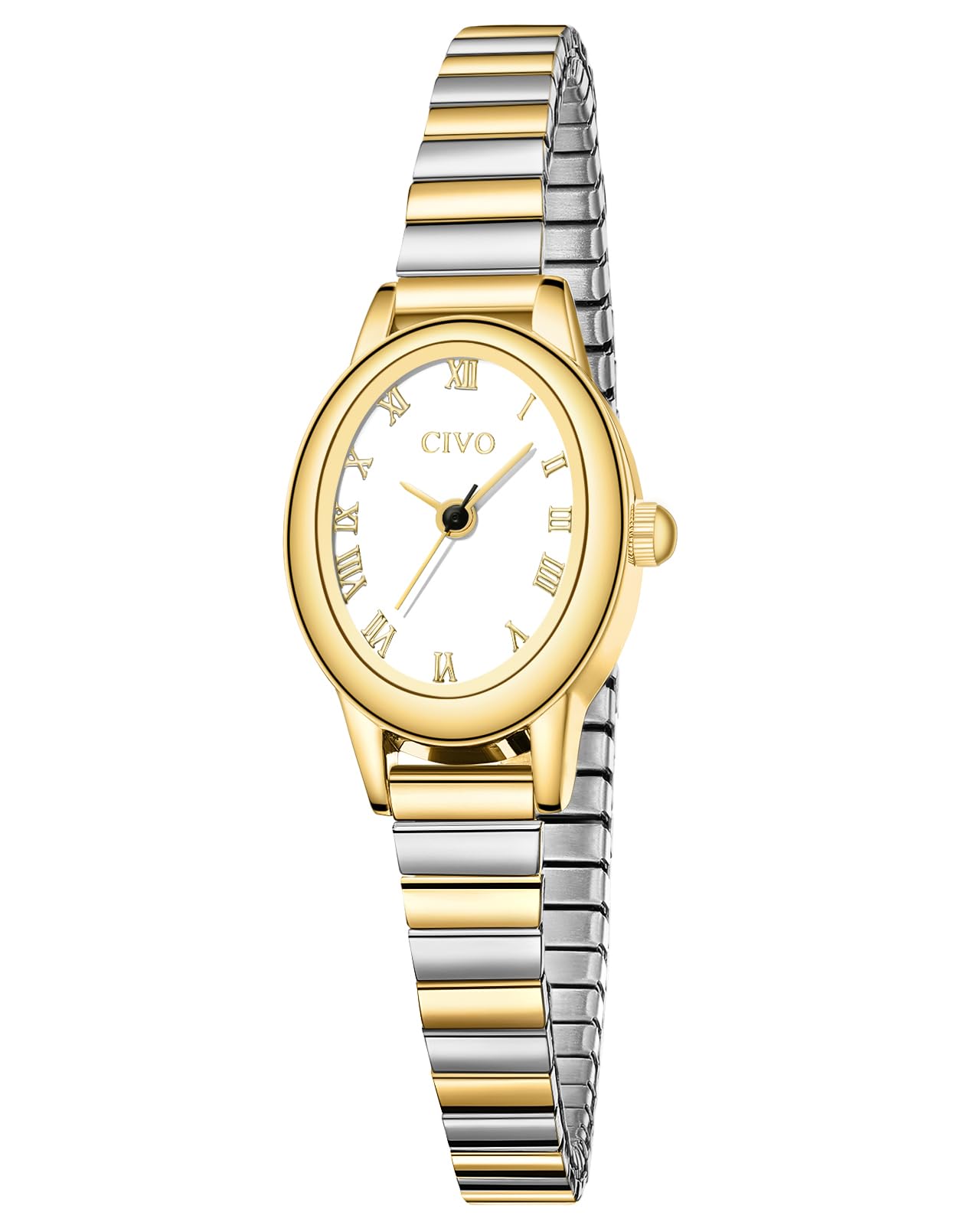 CIVO Vintage Armbanduhr Damen Kleine: Oval Gehäuse Römisches Zifferblatt Analoge mit Elastisches Armband - Zarte Gold Silber Damenuhr Geschenke zum Jahrestag Valentinstag 2 Größen (M/L)