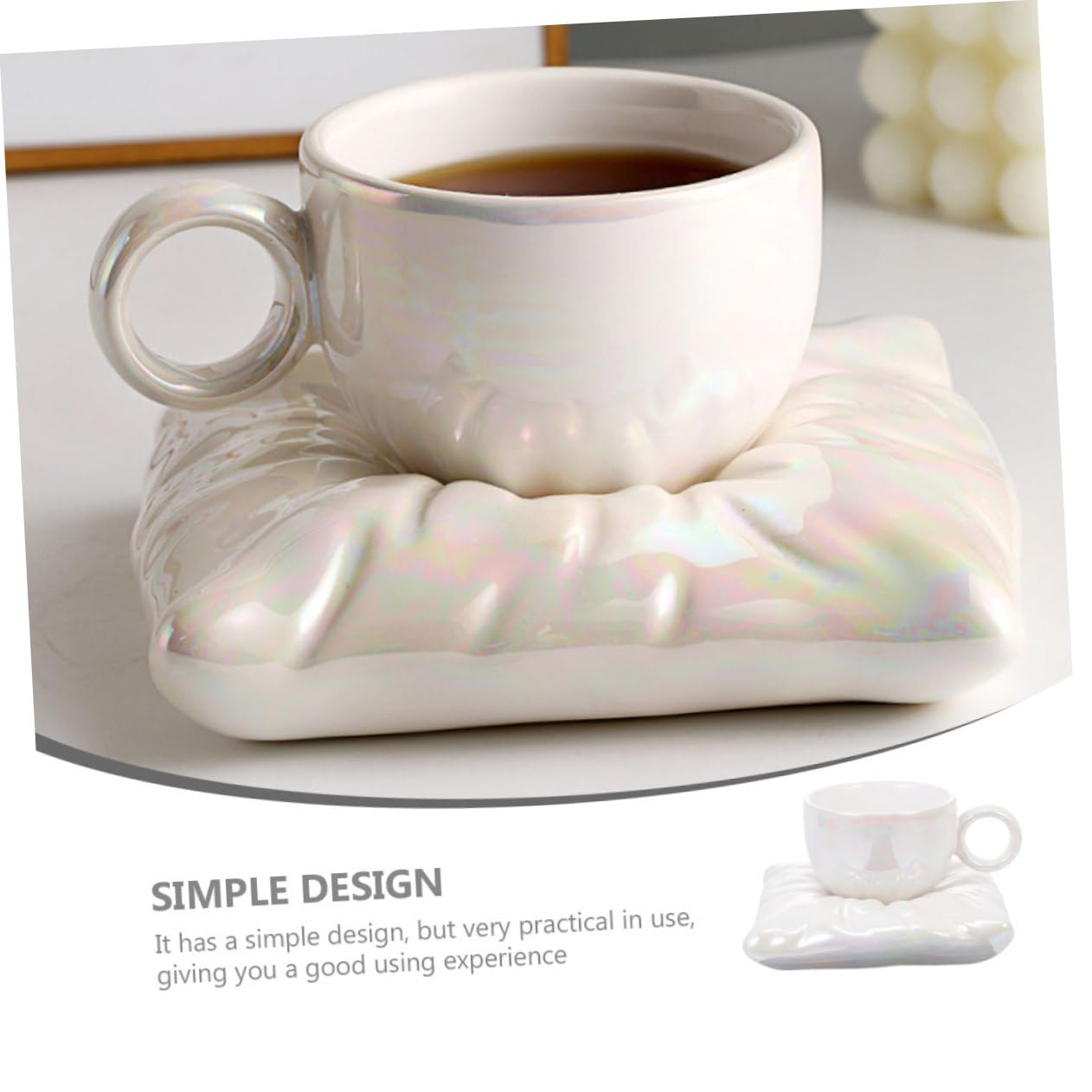 Mikinona Kaffeetasse 200ml aus Keramik mit Kissenförmigem Untersetzer | Weiß, Schlichtes Design mit Schönen Linien, für Tägliche Nutzung und Entspannung