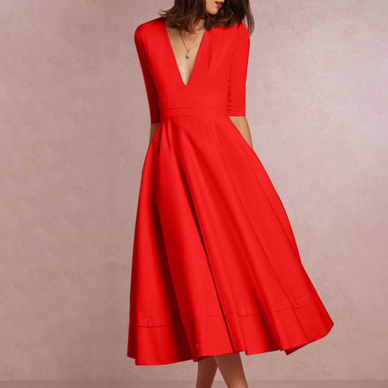 Generico Vestito Lungo Estivo Donna Cotone Scollo a V Elegante Abito Vita Alta A Line Maniche Corte Abiti Estivi Curvy Vestiti