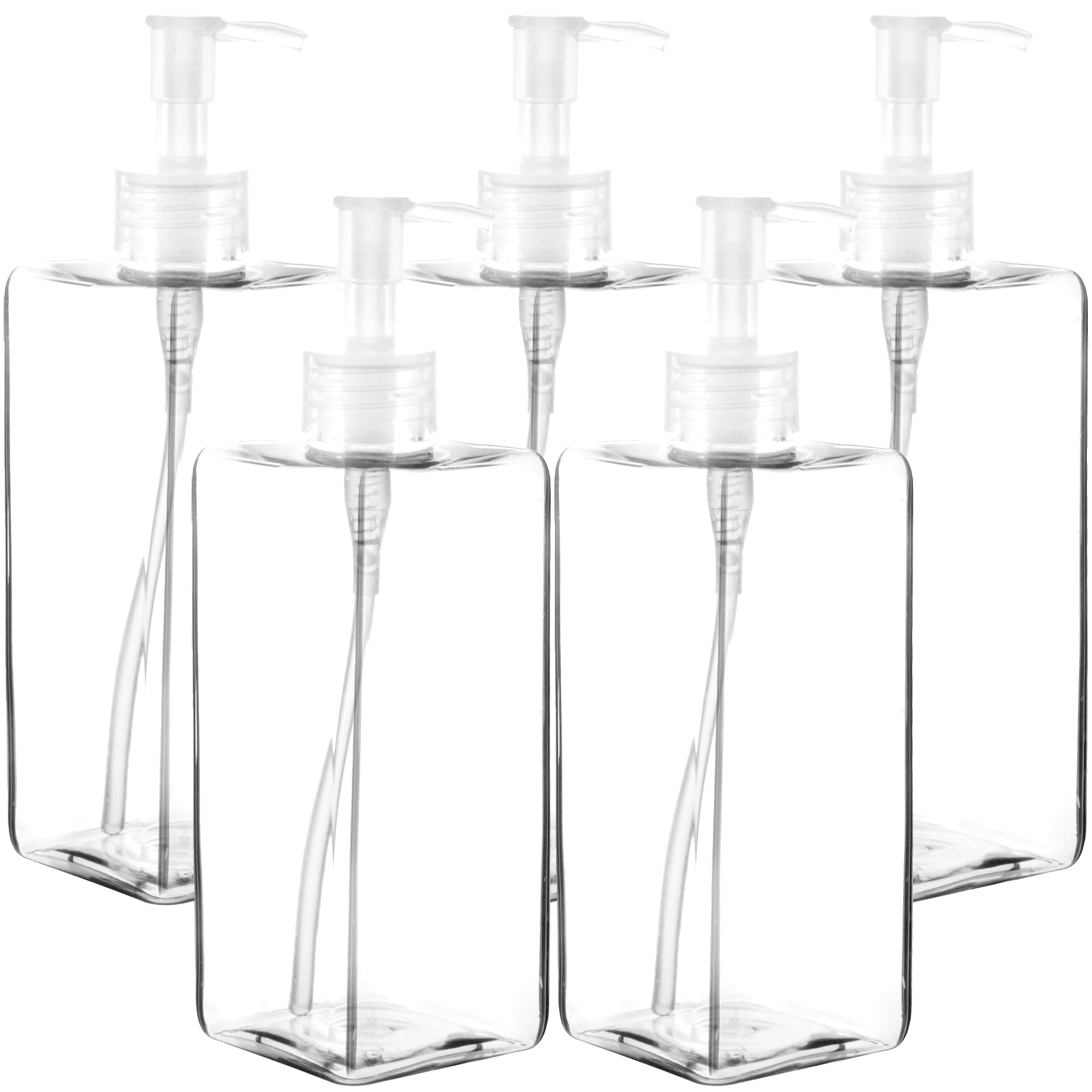 Youngever 5 Pack 500ML Pump Bottles, Empty Shampoo Pump Bottles, Plastic Square with Lockdown-Leak Proof-Pumps (Clear Pump)
