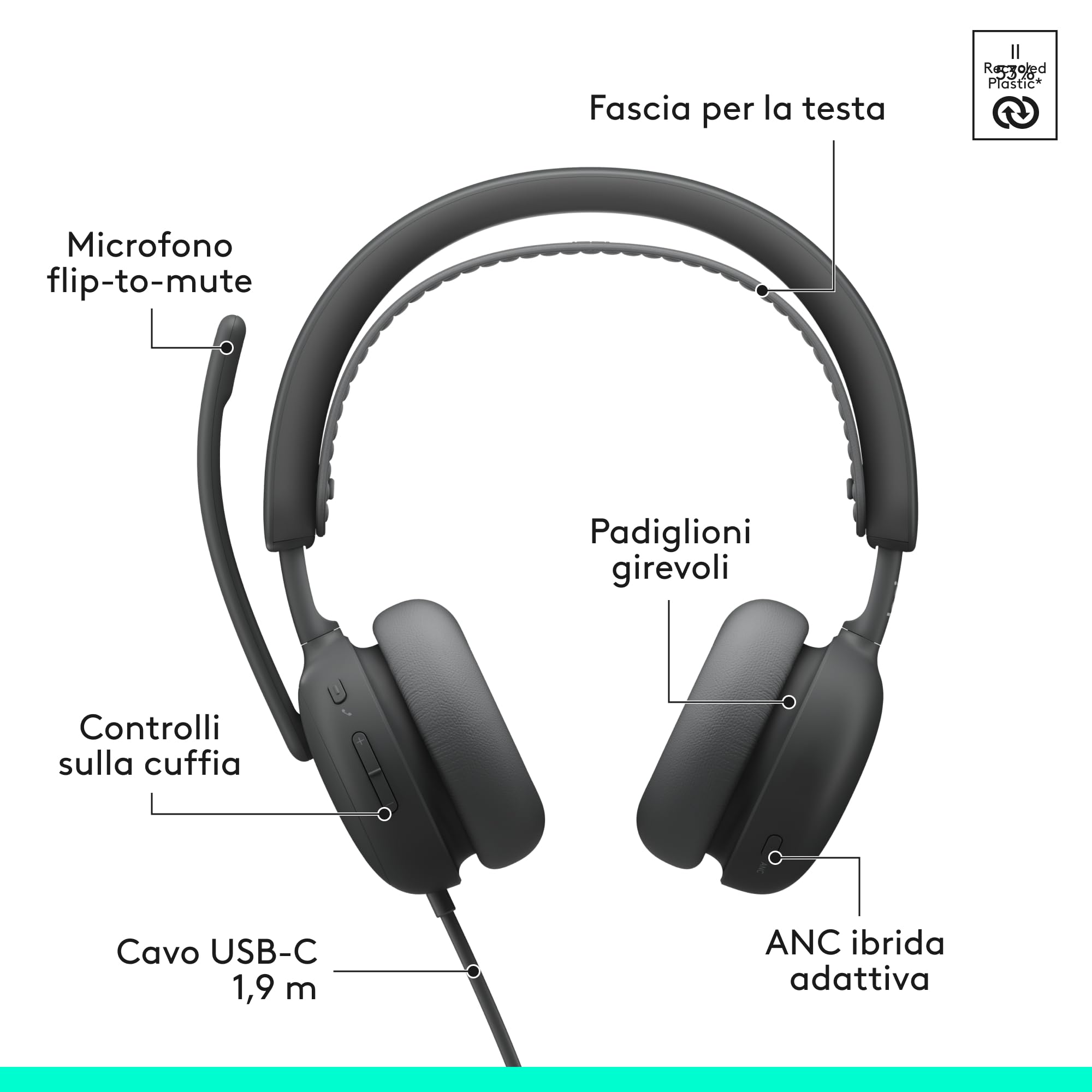 Logitech Zone Wired 2 - Cuffia con microfono con cancellazione del rumore e ANC ibrida adattiva, USB-C con adattatore USB-A - Grafite