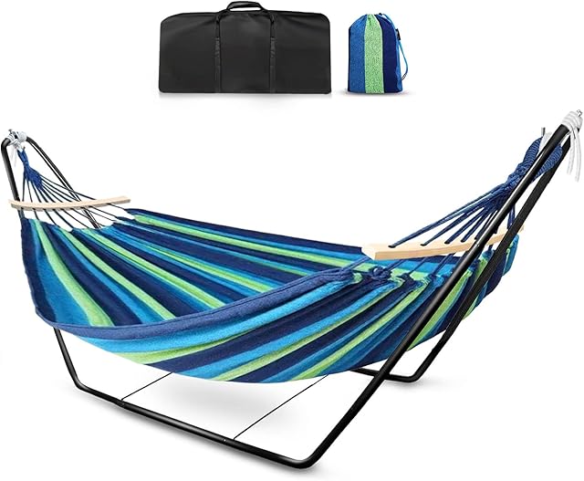 Hammock with Stand, Double 2 person Hammock with Frame Steel Stand Indoor Outdoor Garden Camping Chair Swing 330lbs Load for Adult Beach Travel with Portable Carry Bag (Blue with Balance Beam)
