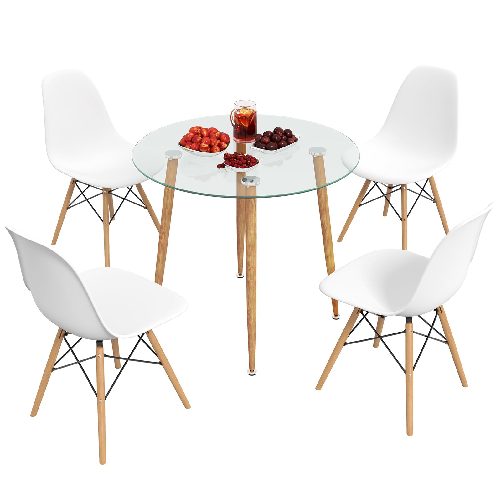 Tangkula 5-Piece Dining Table Set for 4, Kitchen Table Set with Seat, Solid Wood Legs, Metal Frames & Tempered Glass Tabletop, Round Dinner Table & 4