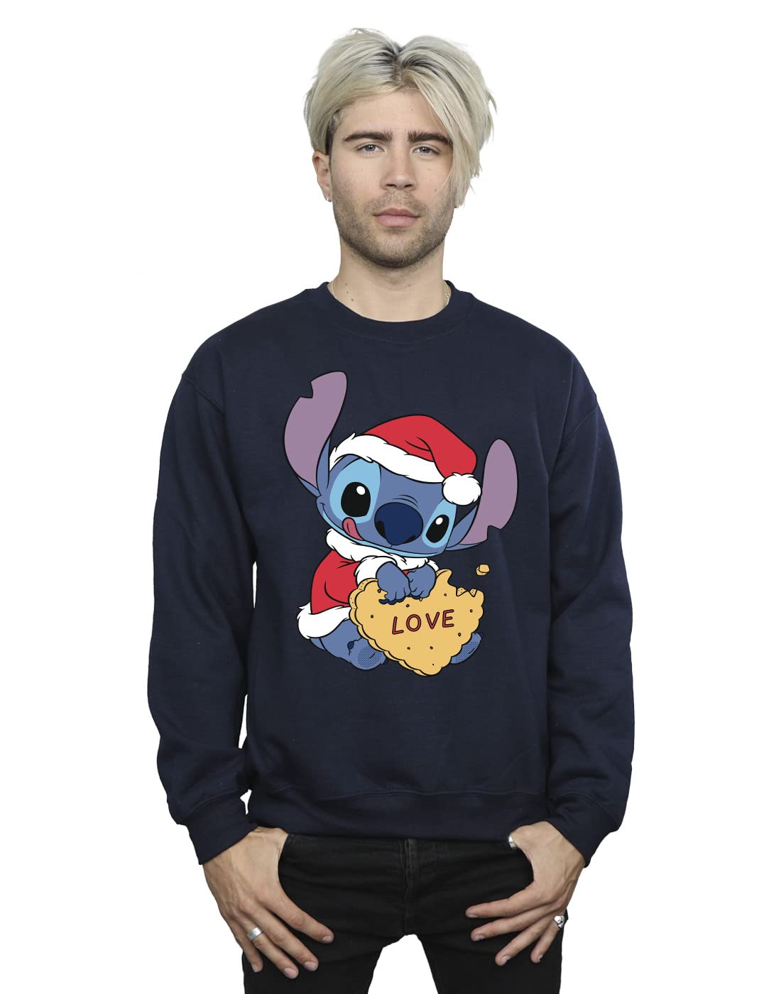 Absolute Cult Men's Navy Blue Disney Lilo And Stitch Christmas Love Biscuit Sweatshirt Small