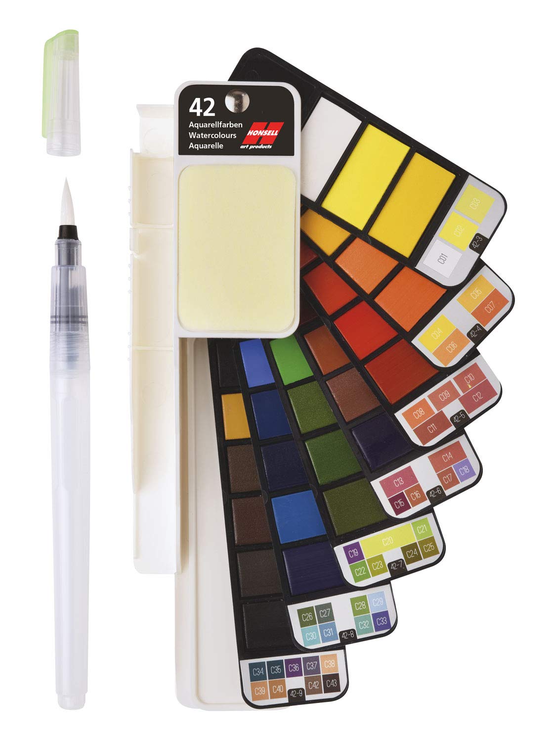 Honsell Abanicos 42 Colores, Pincel para Tanque de Agua, Esponja y Paleta Mixta, práctico Juego de Acuarelas en Formato de Bolsillo, Ideal para Viajes, carbón, talla única